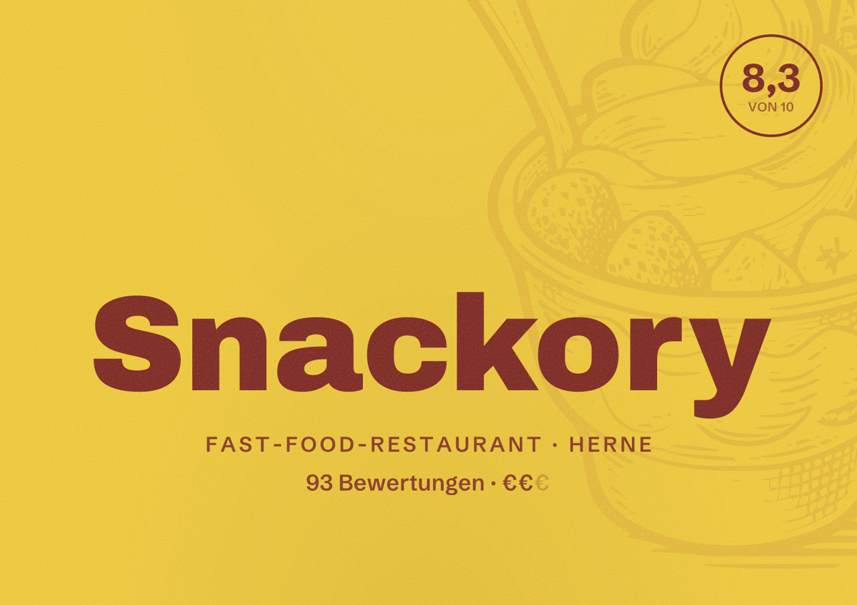 Illustriertes Poster von Snackory, Fast-Food-Restaurant in Herne: Bewertung 8,3 von 10 aus 93 Bewertungen, Preisniveau €€