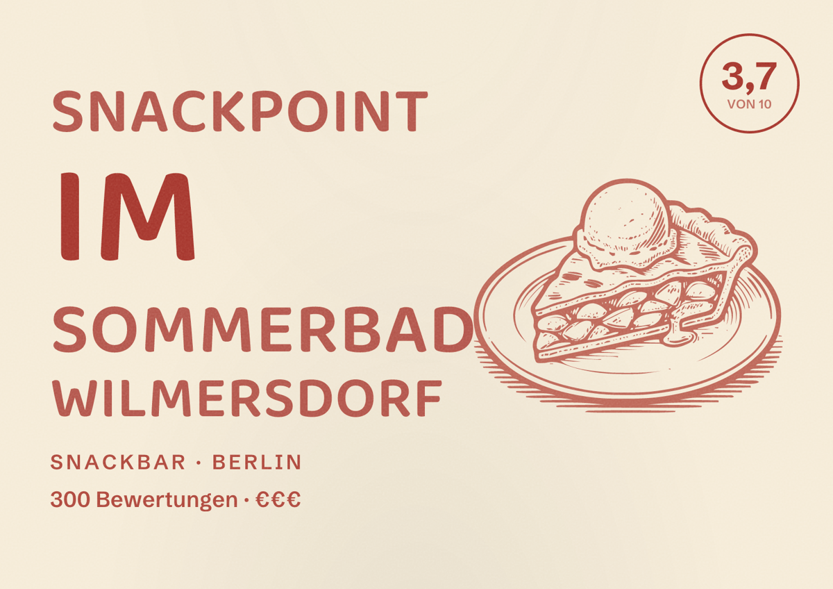 Illustriertes Poster von snackpoint im Sommerbad Wilmersdorf, Snackbar in Berlin: Bewertung 3,7 von 10 aus 300 Bewertungen, Preisniveau €€€