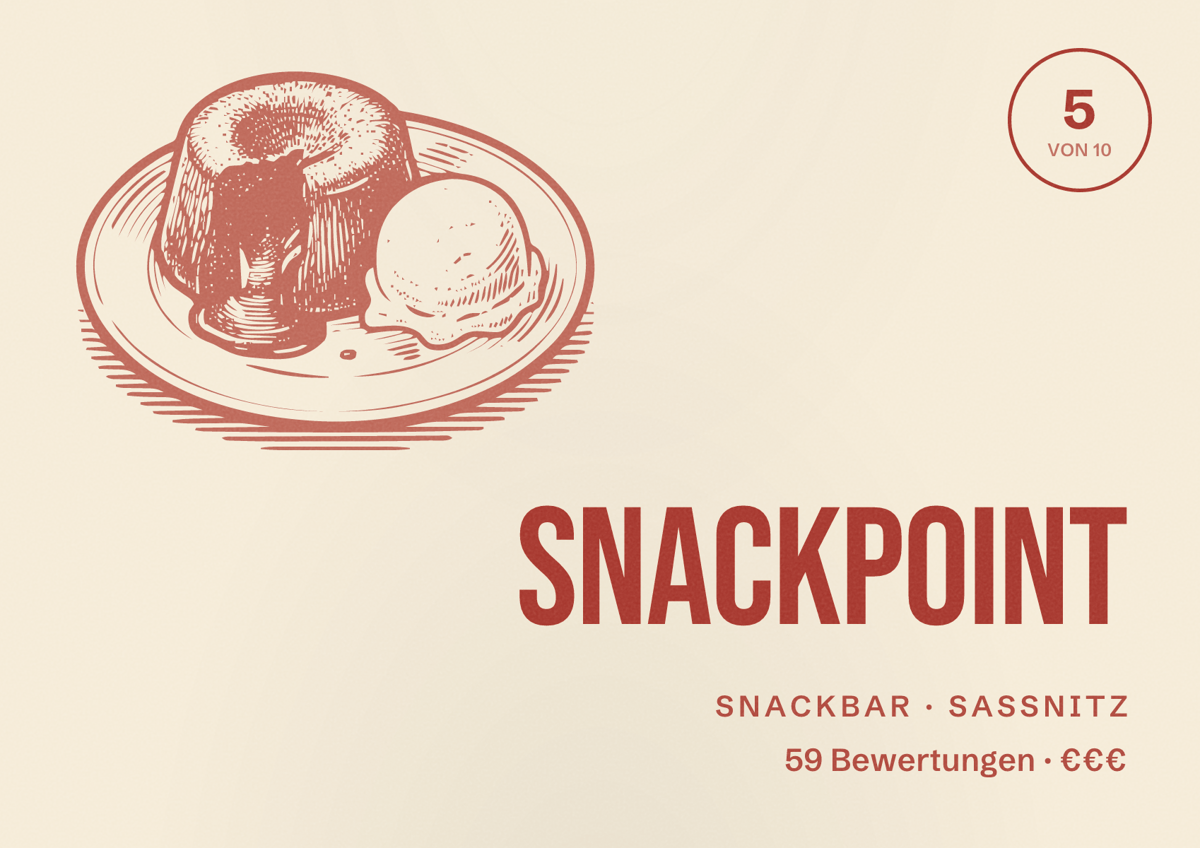 Illustriertes Poster von Snackpoint, Snackbar in Sassnitz: Bewertung 5 von 10 aus 59 Bewertungen, Preisniveau €€€
