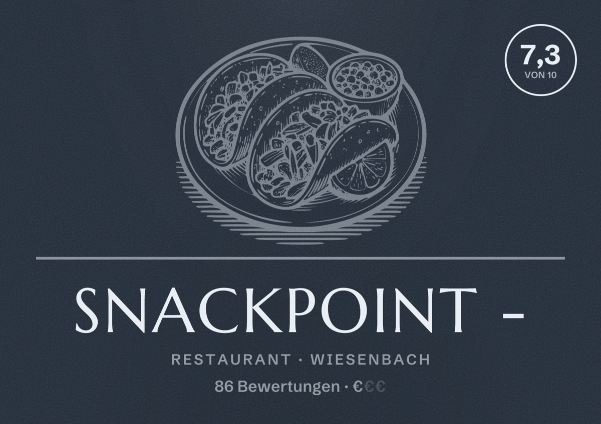 Illustriertes Poster von Snackpoint -, Restaurant in Wiesenbach: Bewertung 7,3 von 10 aus 86 Bewertungen, Preisniveau €