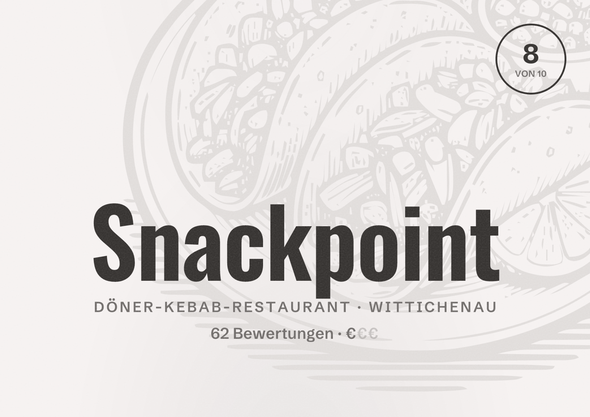 Illustriertes Poster von Snackpoint, Döner-Kebab-Restaurant in Wittichenau: Bewertung 8 von 10 aus 62 Bewertungen, Preisniveau €