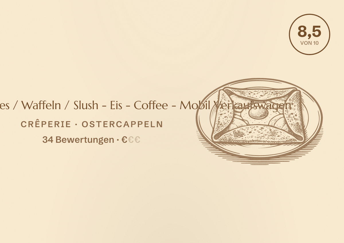 Illustriertes Poster von Snack's & Crêpes / Waffeln / Slush - Eis - Coffee - Mobil Verkaufswagen, Crêperie in Ostercappeln: Bewertung 8,5 von 10 aus 34 Bewertungen, Preisniveau €