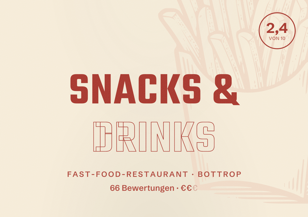 Illustriertes Poster von Snacks & Drinks, Fast-Food-Restaurant in Bottrop: Bewertung 2,4 von 10 aus 66 Bewertungen, Preisniveau €€