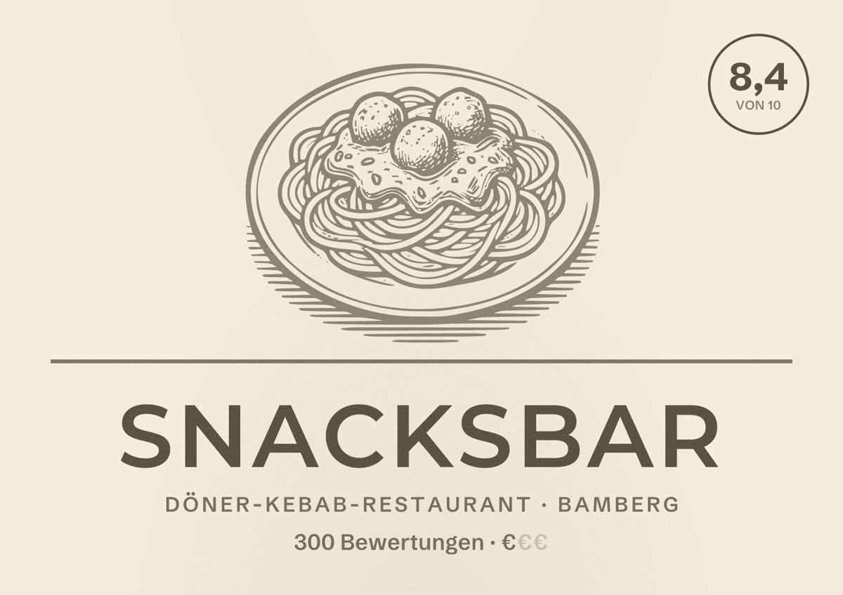 Illustriertes Poster von Snacksbar, Döner-Kebab-Restaurant in Bamberg: Bewertung 8,4 von 10 aus 300 Bewertungen, Preisniveau €