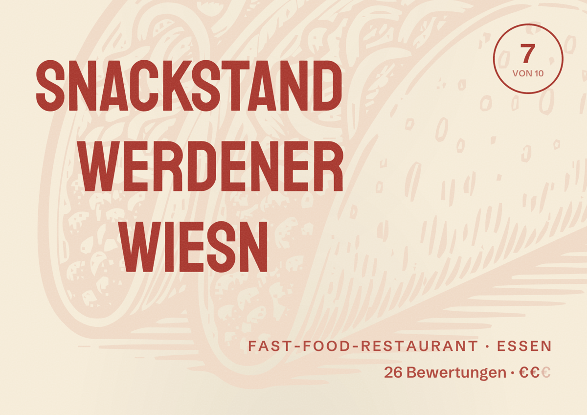 Illustriertes Poster von Snackstand Werdener Wiesn, Fast-Food-Restaurant in Essen: Bewertung 7 von 10 aus 26 Bewertungen, Preisniveau €€