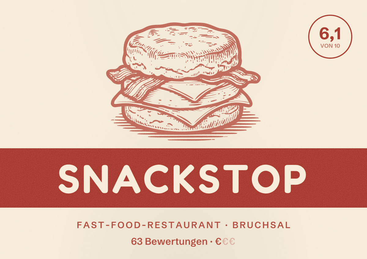 Illustriertes Poster von Snackstop, Fast-Food-Restaurant in Bruchsal: Bewertung 6,1 von 10 aus 63 Bewertungen, Preisniveau €