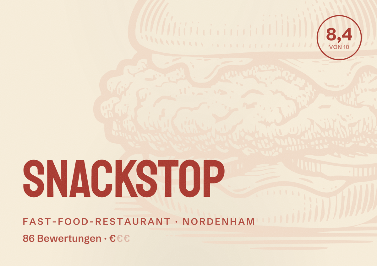 Illustriertes Poster von Snackstop, Fast-Food-Restaurant in Nordenham: Bewertung 8,4 von 10 aus 86 Bewertungen, Preisniveau €