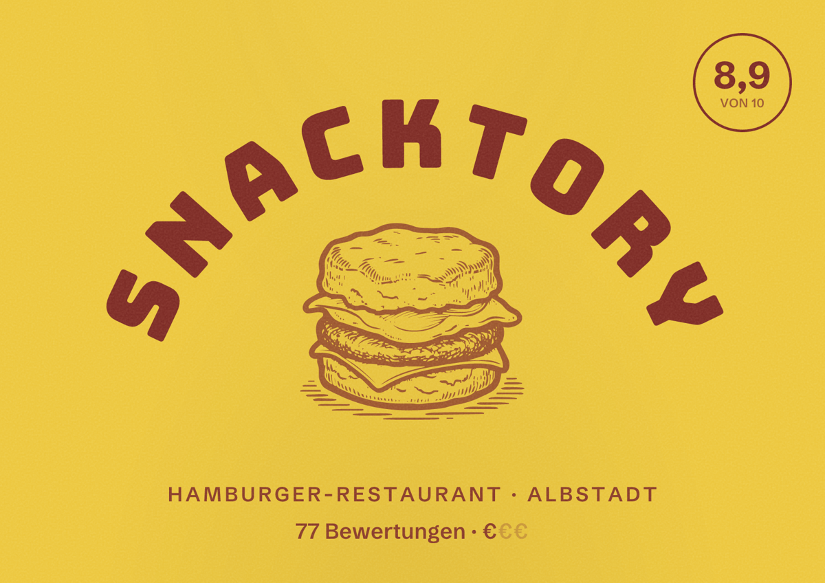 Illustriertes Poster von SNACKTORY, Hamburger-Restaurant in Albstadt: Bewertung 8,9 von 10 aus 77 Bewertungen, Preisniveau €