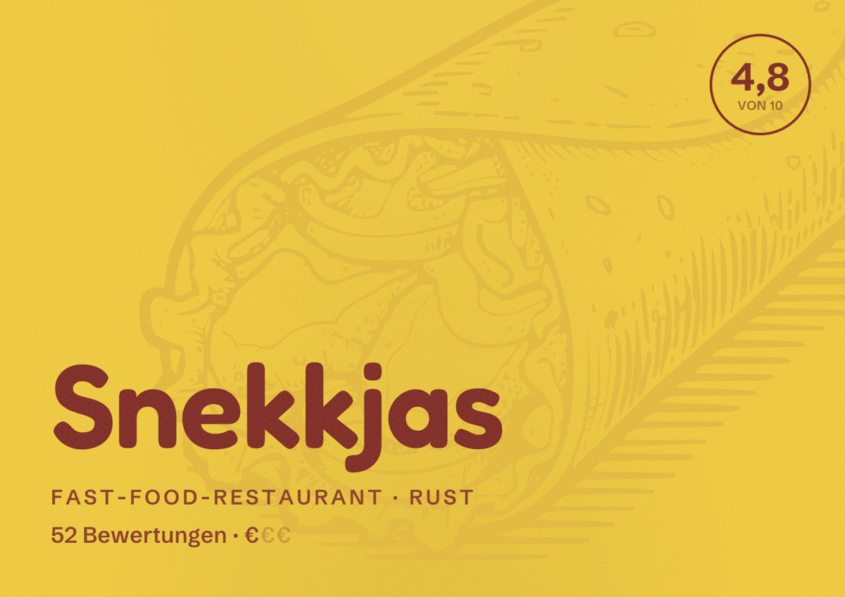 Illustriertes Poster von Snekkjas, Fast-Food-Restaurant in Rust: Bewertung 4,8 von 10 aus 52 Bewertungen, Preisniveau €