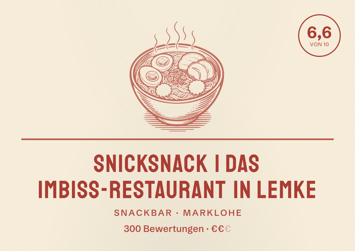 Illustriertes Poster von SnickSnack | Das Imbiss-Restaurant in Lemke, Snackbar in Marklohe: Bewertung 6,6 von 10 aus 300 Bewertungen, Preisniveau €€