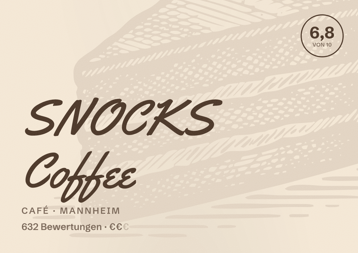 Illustriertes Poster von SNOCKS Coffee, Café in Mannheim: Bewertung 6,8 von 10 aus 632 Bewertungen, Preisniveau €€