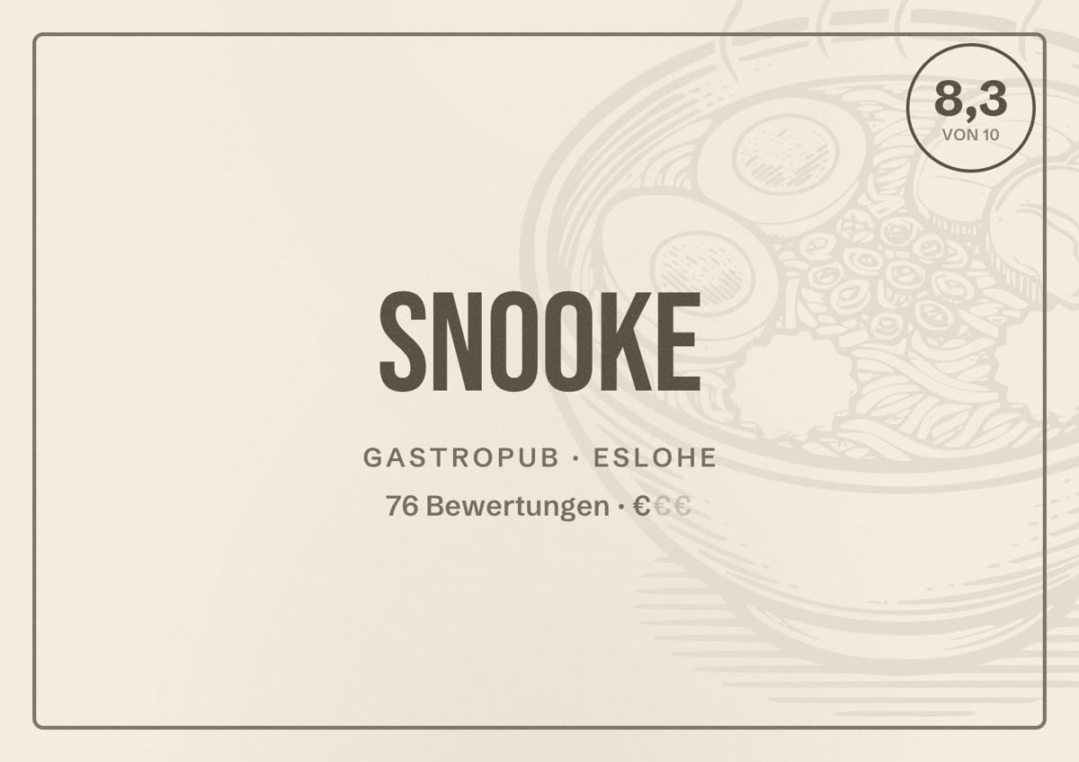 Illustriertes Poster von Snooke, Gastropub in Eslohe: Bewertung 8,3 von 10 aus 76 Bewertungen, Preisniveau €