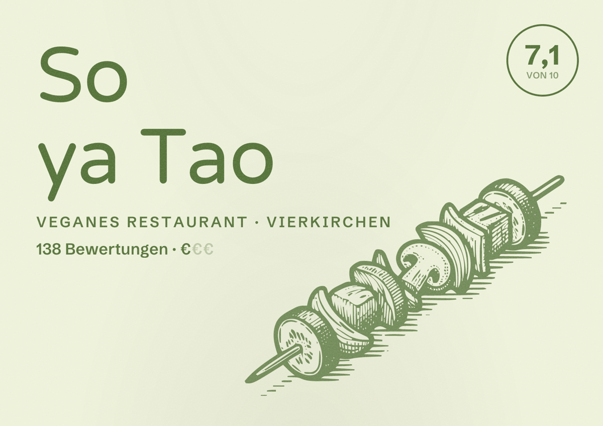 Illustriertes Poster von So ya Tao, Veganes Restaurant in Vierkirchen: Bewertung 7,1 von 10 aus 138 Bewertungen, Preisniveau €