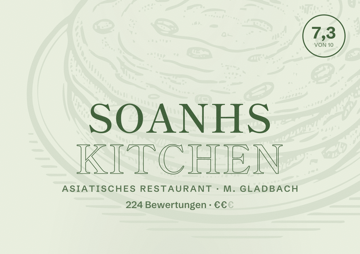 Illustriertes Poster von Soanhs Kitchen, Asiatisches Restaurant in M. Gladbach: Bewertung 7,3 von 10 aus 224 Bewertungen, Preisniveau €€