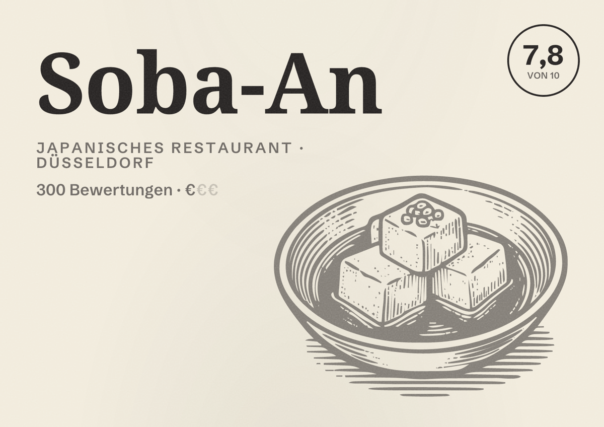 Illustriertes Poster von Soba-An, Japanisches Restaurant in Düsseldorf: Bewertung 7,8 von 10 aus 300 Bewertungen, Preisniveau €