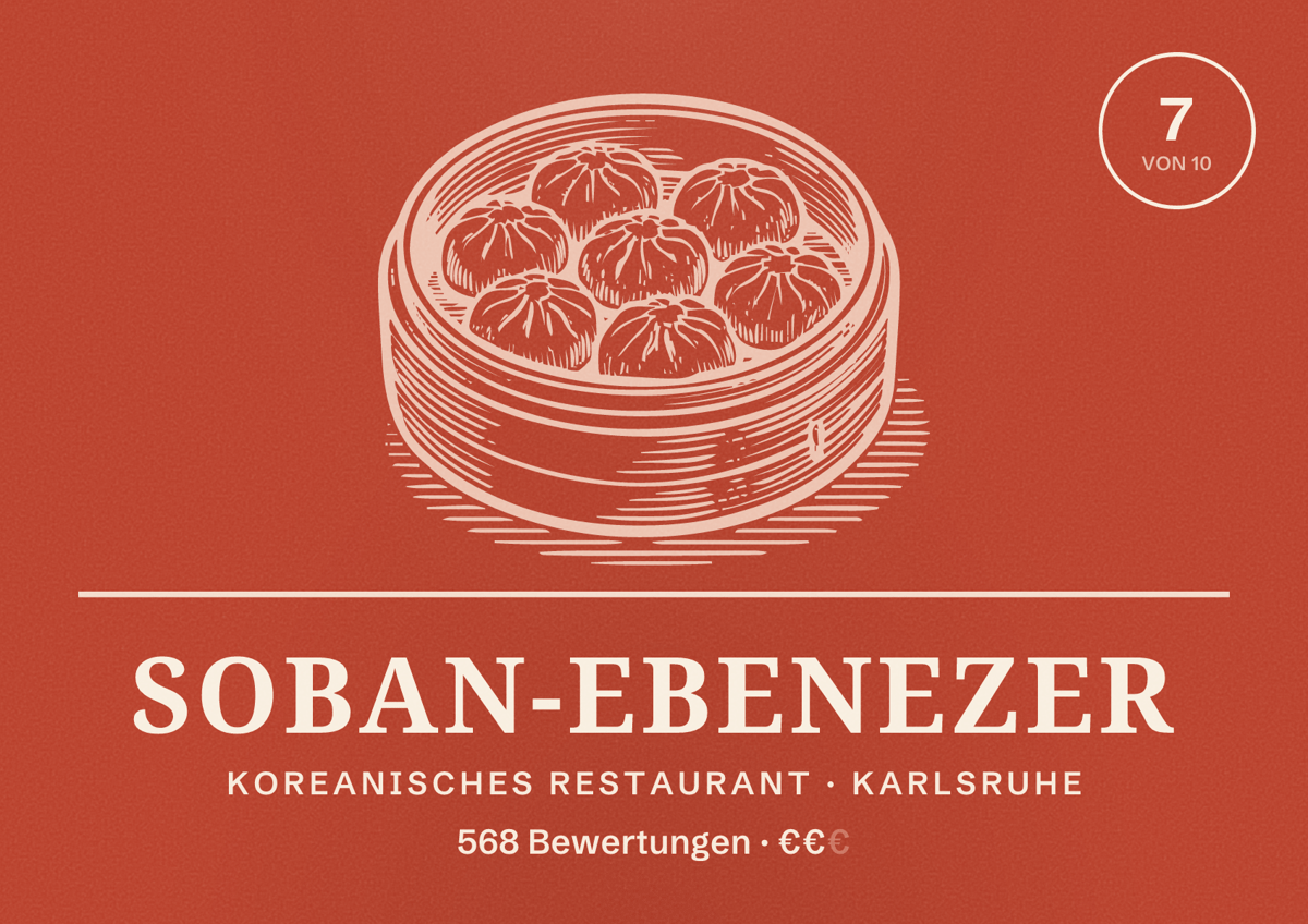 Illustriertes Poster von Soban-Ebenezer, Koreanisches Restaurant in Karlsruhe: Bewertung 7 von 10 aus 568 Bewertungen, Preisniveau €€
