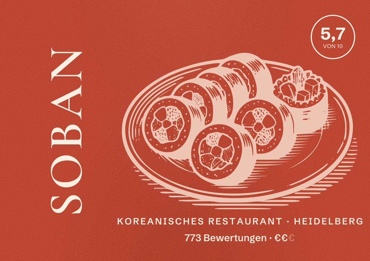 Illustriertes Poster von Soban, Koreanisches Restaurant in Heidelberg: Bewertung 5,7 von 10 aus 773 Bewertungen, Preisniveau €€