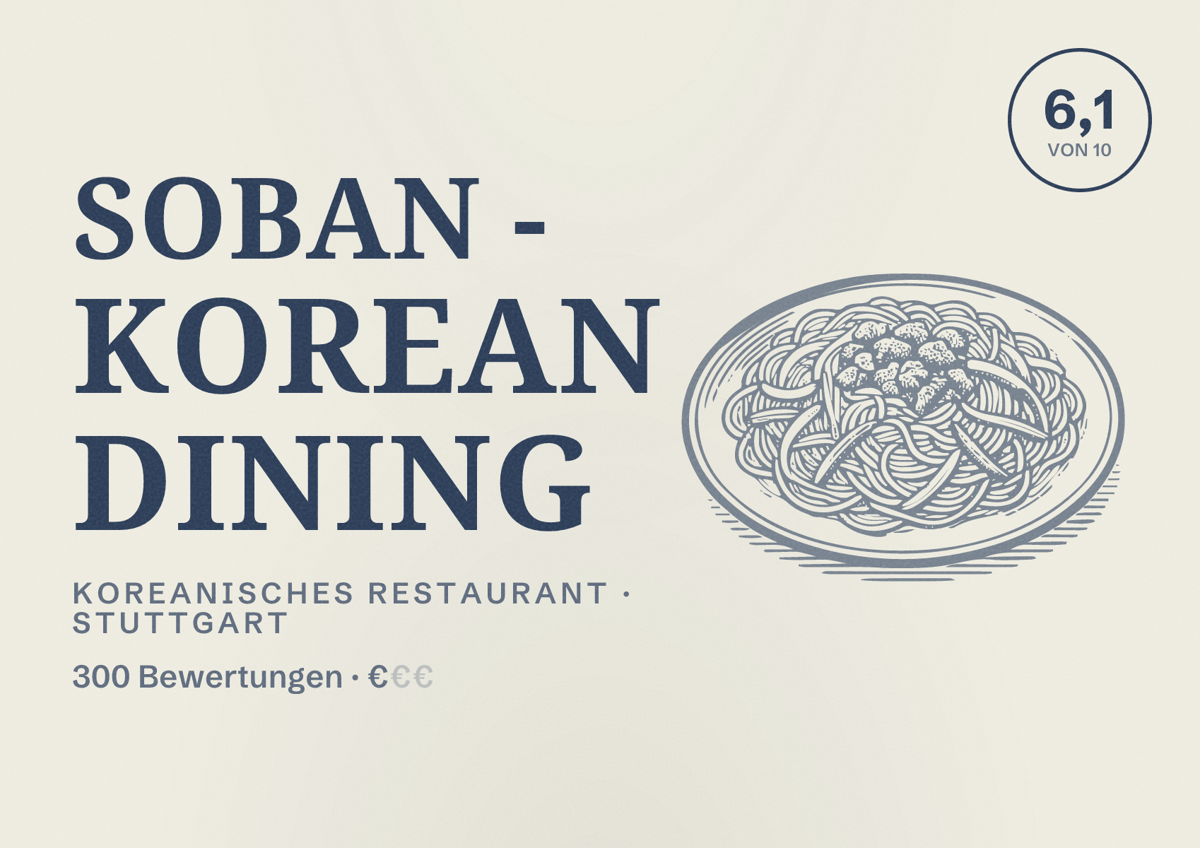 Illustriertes Poster von Soban - Korean Dining, Koreanisches Restaurant in Stuttgart: Bewertung 6,1 von 10 aus 300 Bewertungen, Preisniveau €