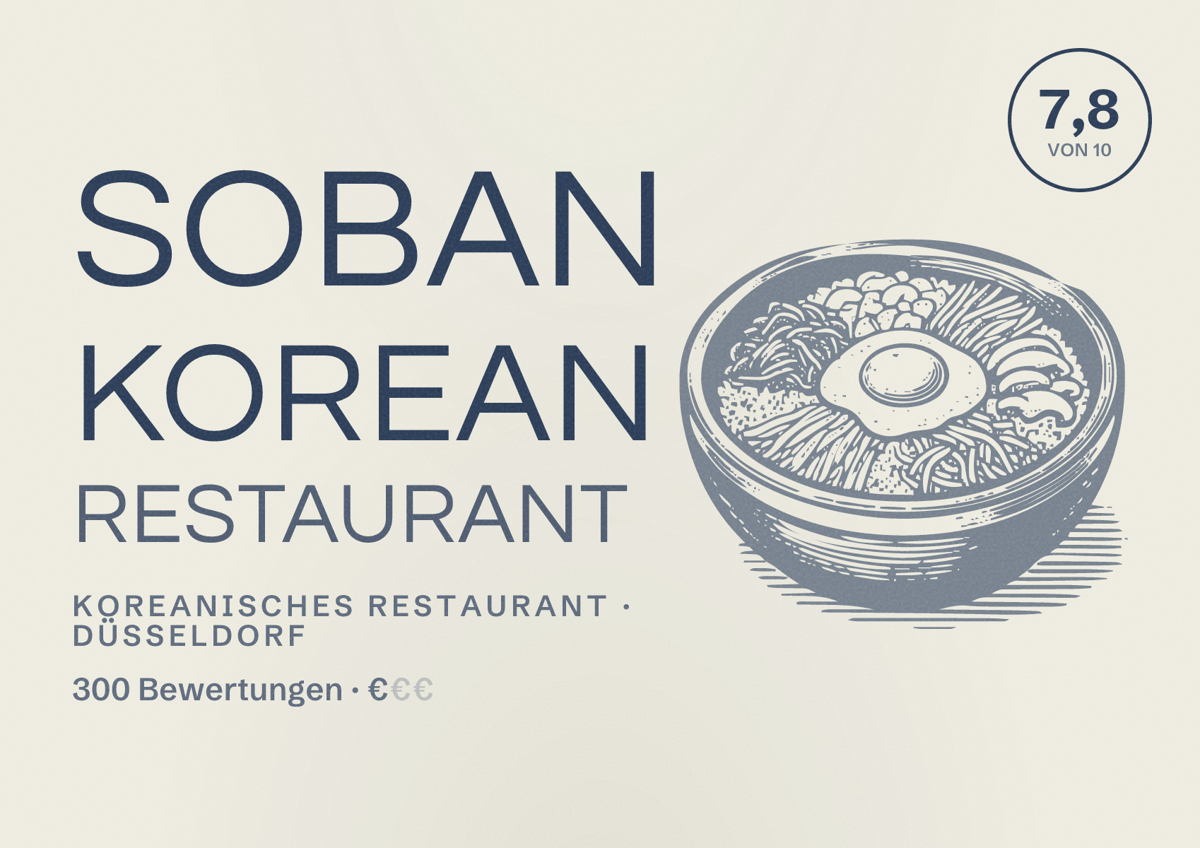 Illustriertes Poster von Soban korean Restaurant, Koreanisches Restaurant in Düsseldorf: Bewertung 7,8 von 10 aus 300 Bewertungen, Preisniveau €