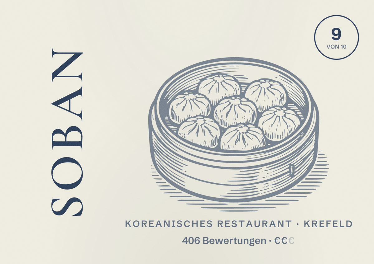 Illustriertes Poster von Soban, Koreanisches Restaurant in Krefeld: Bewertung 9 von 10 aus 406 Bewertungen, Preisniveau €€