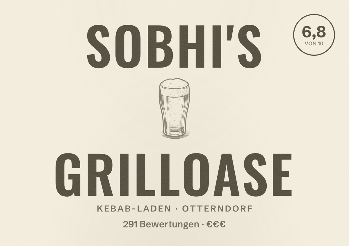 Illustriertes Poster von Sobhi's Grilloase, Kebab-Laden in Otterndorf: Bewertung 6,8 von 10 aus 291 Bewertungen, Preisniveau €€€