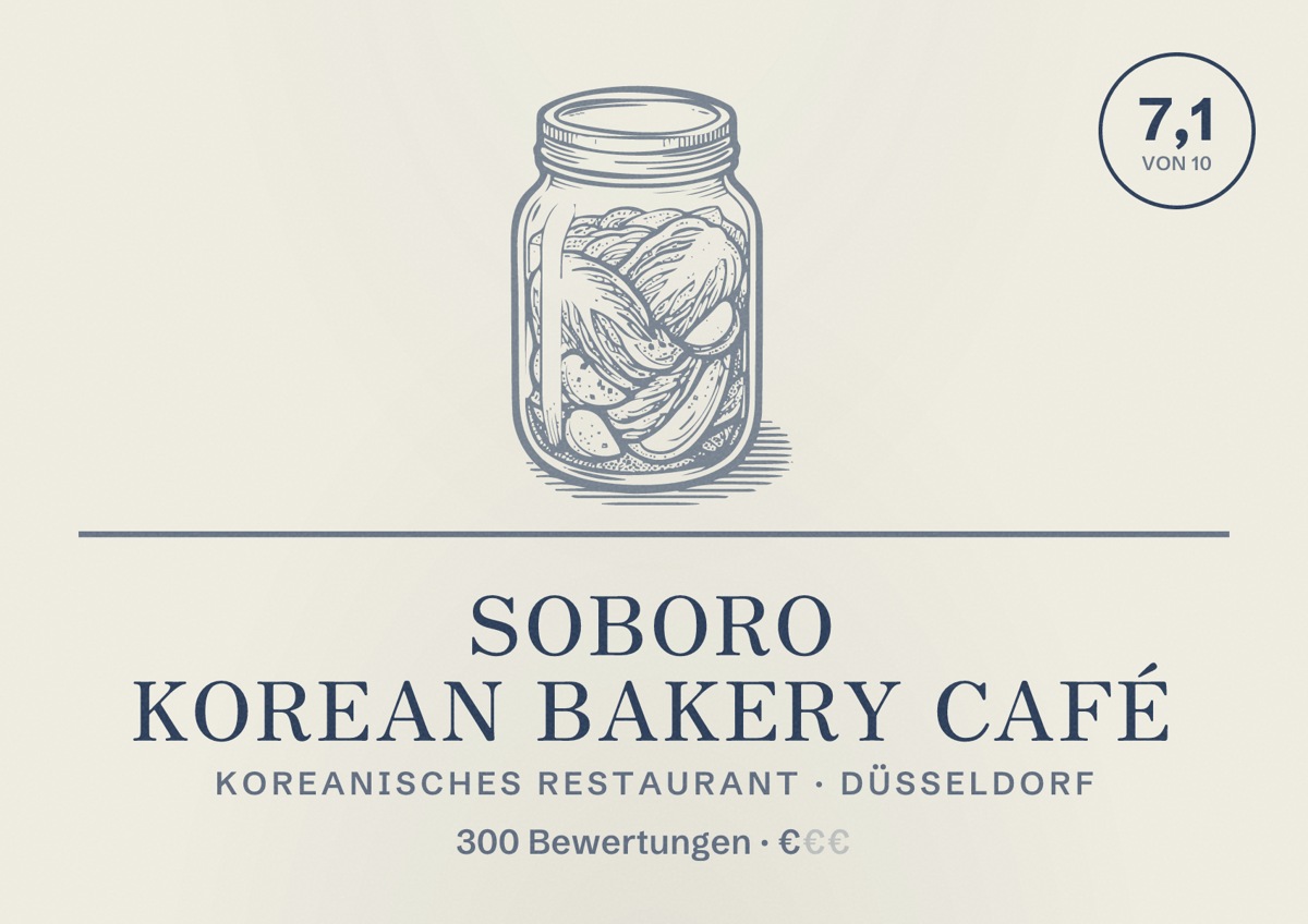 Illustriertes Poster von soboro Korean Bakery Café, Koreanisches Restaurant in Düsseldorf: Bewertung 7,1 von 10 aus 300 Bewertungen, Preisniveau €