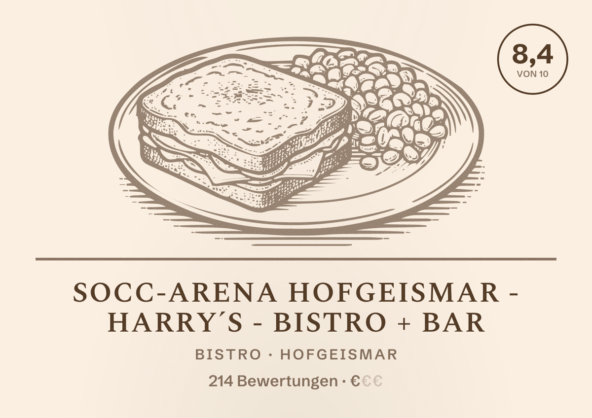 Illustriertes Poster von socc-arena Hofgeismar - HARRY´S - Bistro + Bar, Bistro in Hofgeismar: Bewertung 8,4 von 10 aus 214 Bewertungen, Preisniveau €