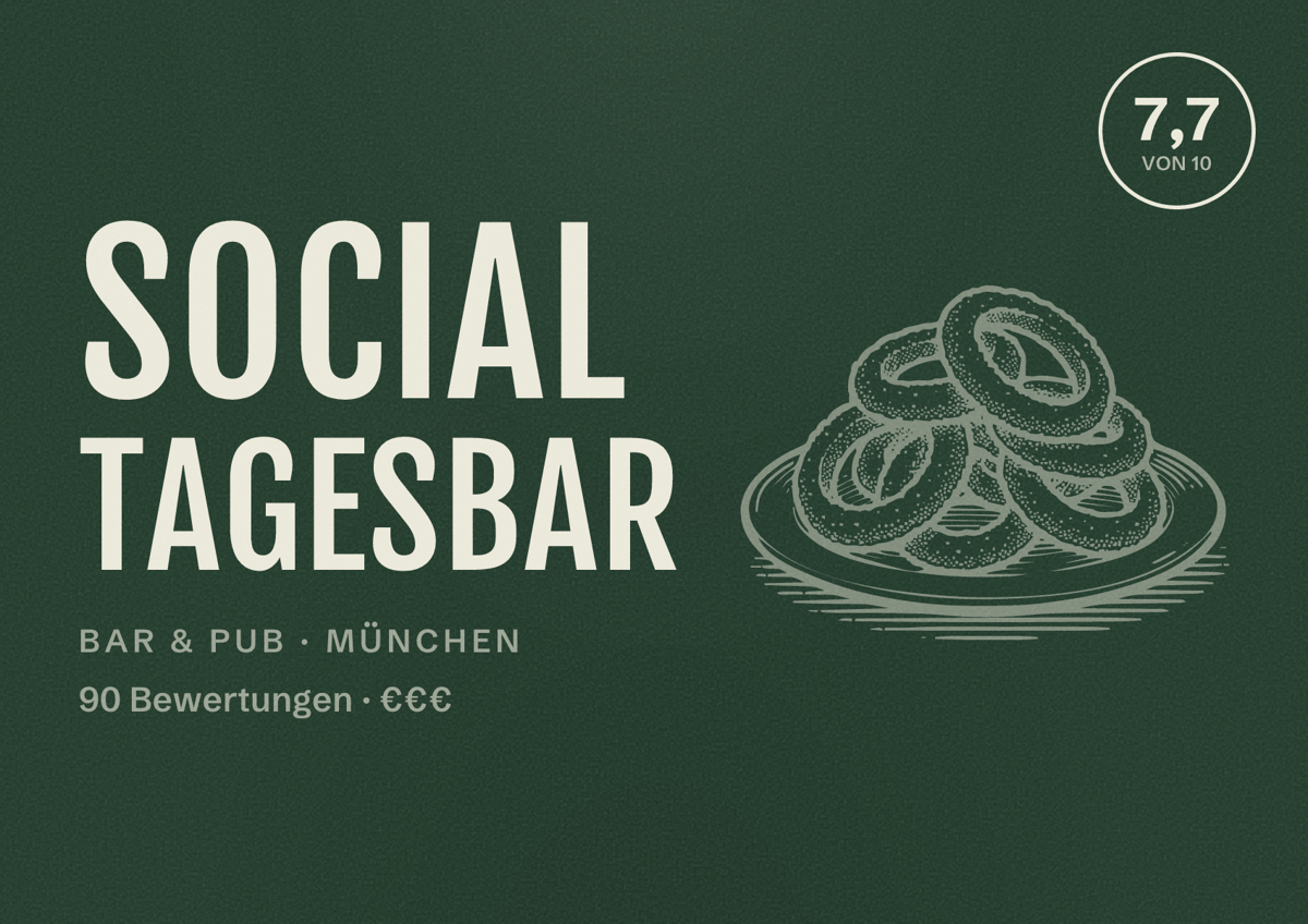 Illustriertes Poster von Social Tagesbar, Bar & Pub in München: Bewertung 7,7 von 10 aus 90 Bewertungen, Preisniveau €€€