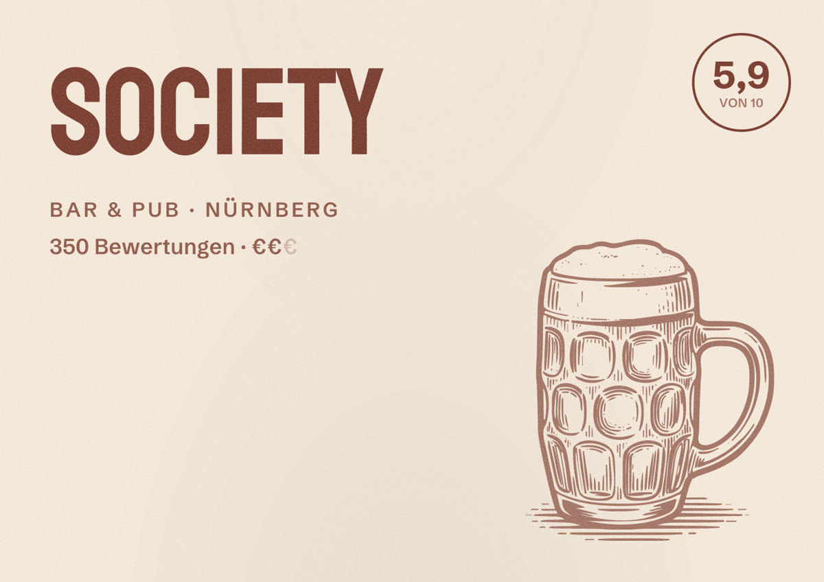 Illustriertes Poster von Society, Bar & Pub in Nürnberg: Bewertung 5,9 von 10 aus 350 Bewertungen, Preisniveau €€