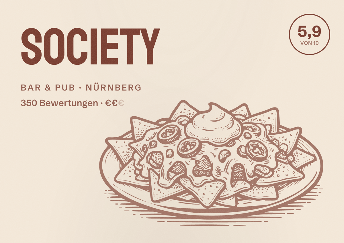 Illustriertes Poster von Society, Bar & Pub in Nürnberg: Bewertung 5,9 von 10 aus 350 Bewertungen, Preisniveau €€