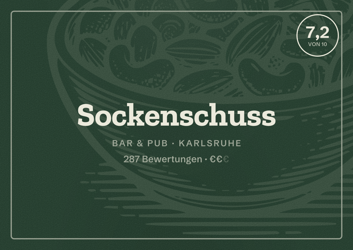 Illustriertes Poster von Sockenschuss, Bar & Pub in Karlsruhe: Bewertung 7,2 von 10 aus 287 Bewertungen, Preisniveau €€