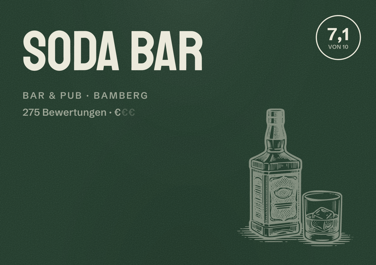 Illustriertes Poster von Soda Bar, Bar & Pub in Bamberg: Bewertung 7,1 von 10 aus 275 Bewertungen, Preisniveau €