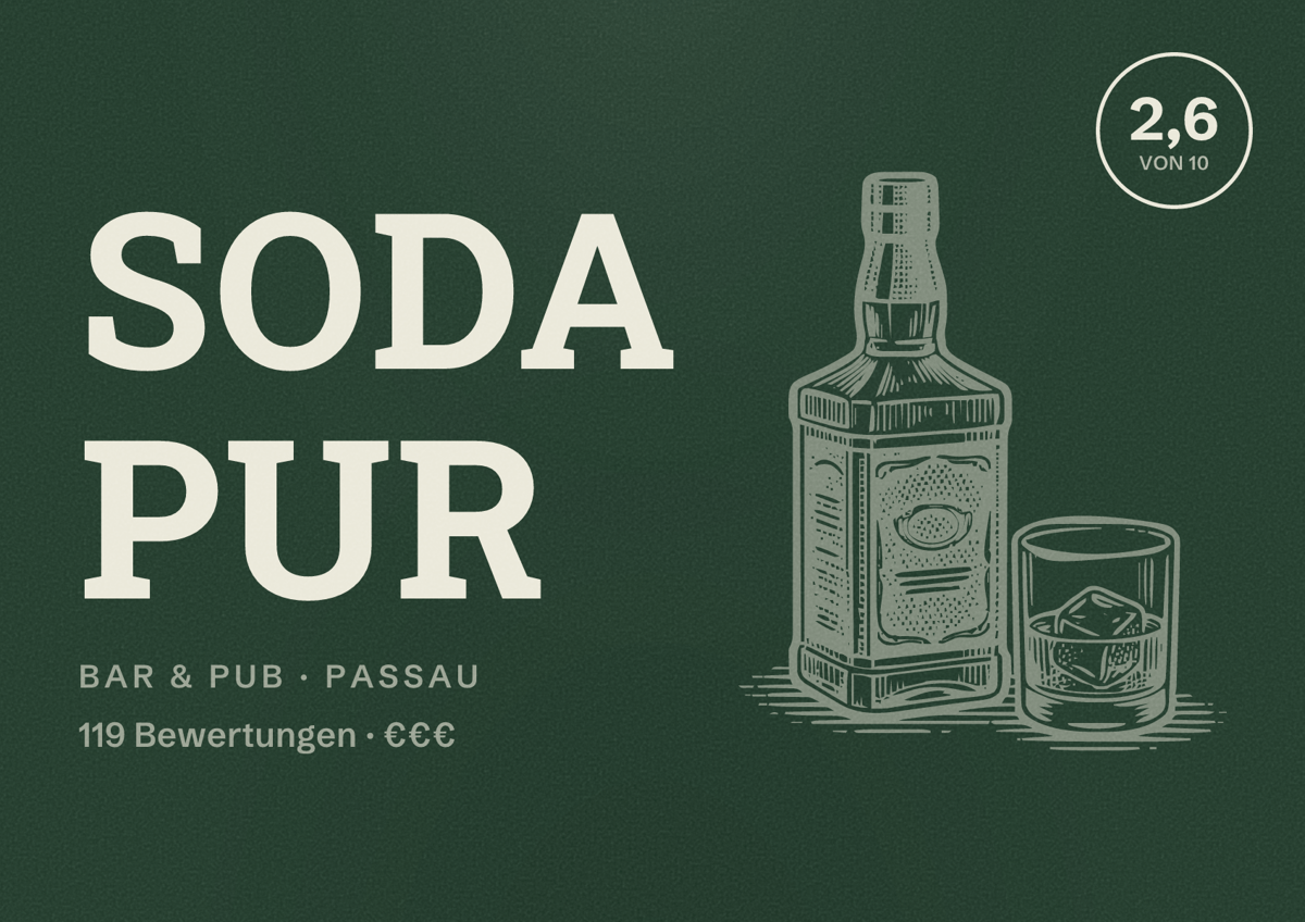 Illustriertes Poster von Soda Pur, Bar & Pub in Passau: Bewertung 2,6 von 10 aus 119 Bewertungen, Preisniveau €€€