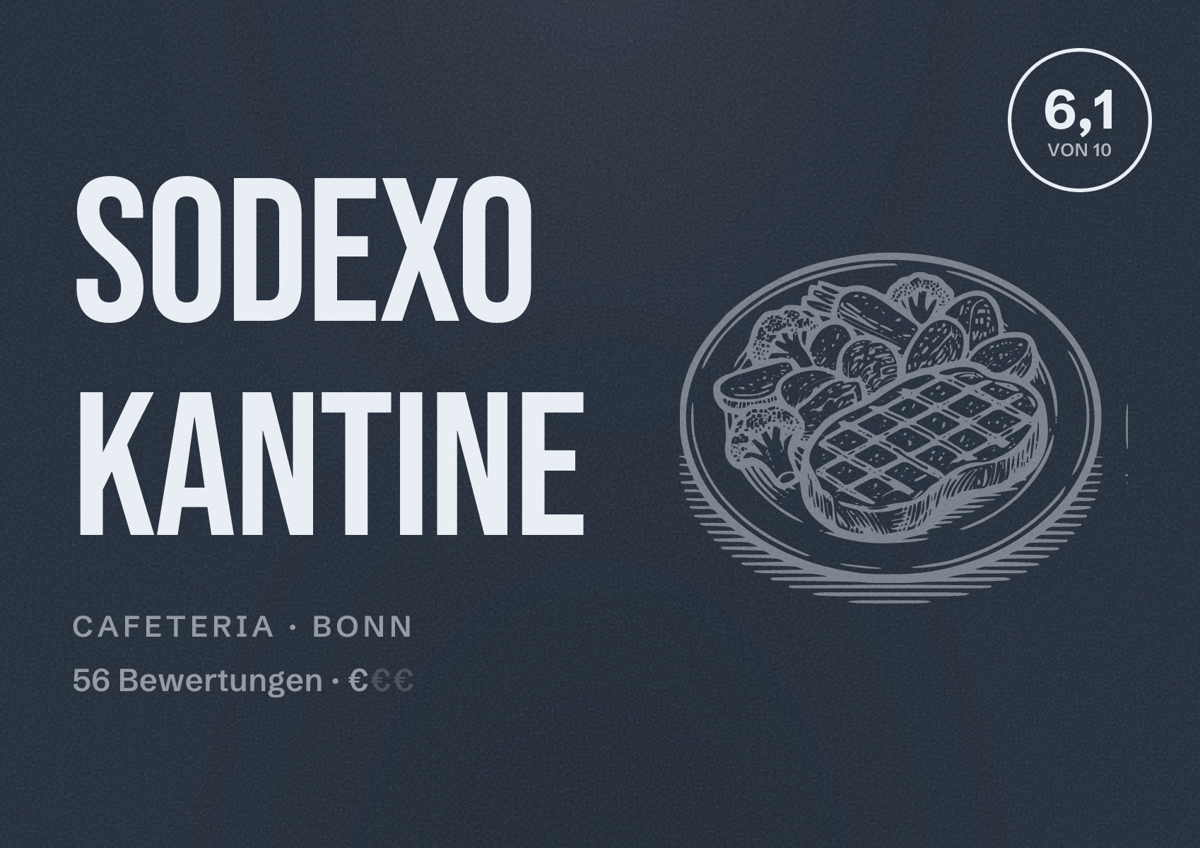 Illustriertes Poster von Sodexo Kantine, Cafeteria in Bonn: Bewertung 6,1 von 10 aus 56 Bewertungen, Preisniveau €