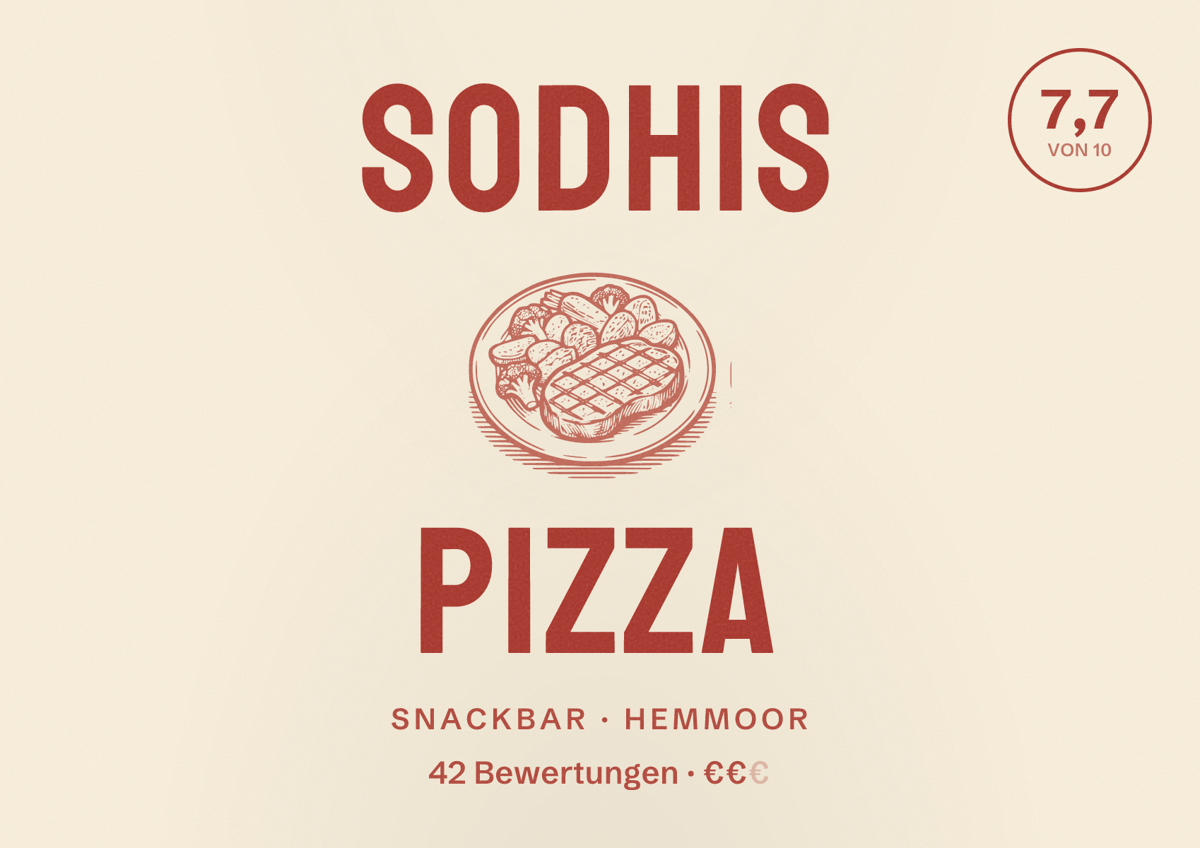 Illustriertes Poster von Sodhis Pizza, Snackbar in Hemmoor: Bewertung 7,7 von 10 aus 42 Bewertungen, Preisniveau €€