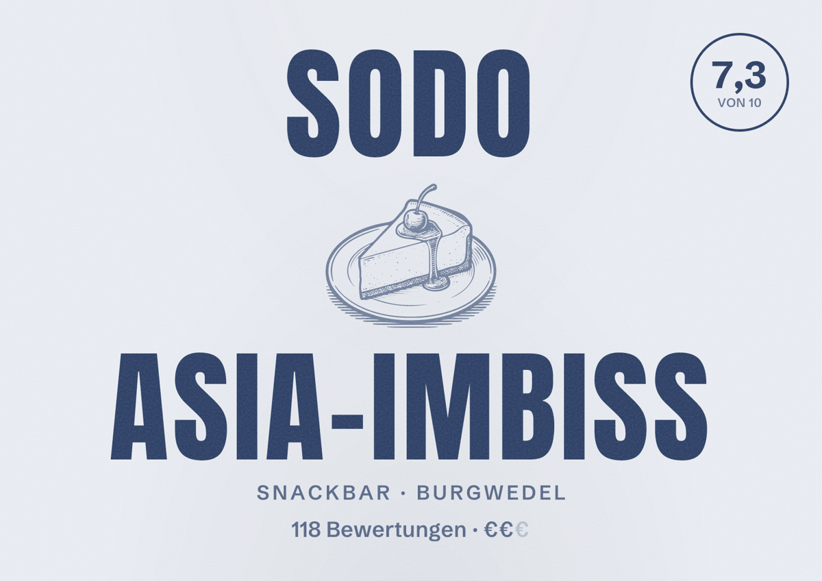 Illustriertes Poster von Sodo Asia-Imbiss, Snackbar in Burgwedel: Bewertung 7,3 von 10 aus 118 Bewertungen, Preisniveau €€