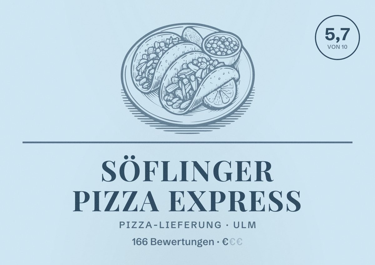 Illustriertes Poster von Söflinger Pizza Express, Pizza-Lieferung in Ulm: Bewertung 5,7 von 10 aus 166 Bewertungen, Preisniveau €