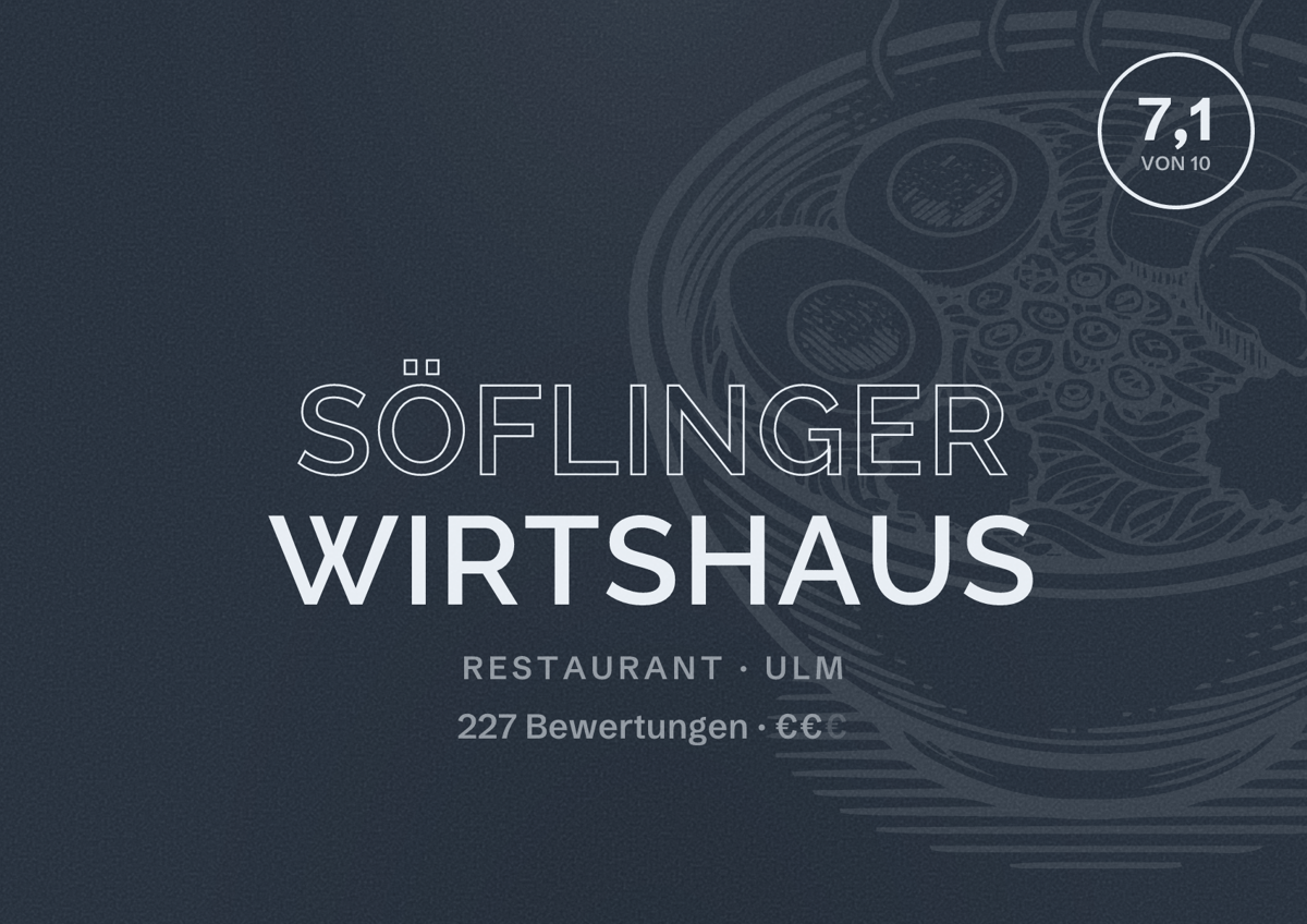Illustriertes Poster von Söflinger Wirtshaus, Restaurant in Ulm: Bewertung 7,1 von 10 aus 227 Bewertungen, Preisniveau €€