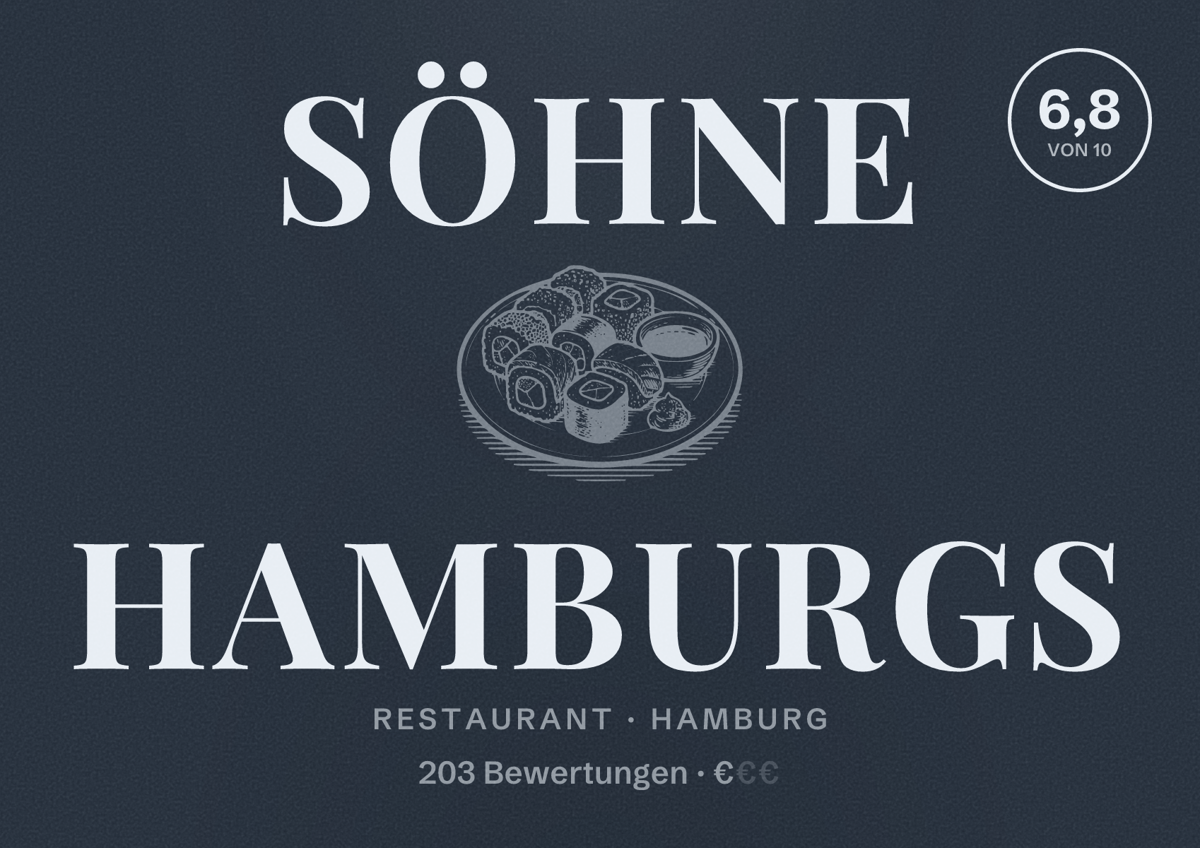 Illustriertes Poster von Söhne Hamburgs, Restaurant in Hamburg: Bewertung 6,8 von 10 aus 203 Bewertungen, Preisniveau €