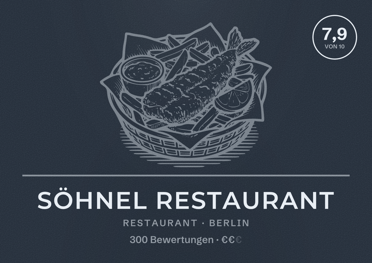 Illustriertes Poster von Söhnel Restaurant, Restaurant in Berlin: Bewertung 7,9 von 10 aus 300 Bewertungen, Preisniveau €€