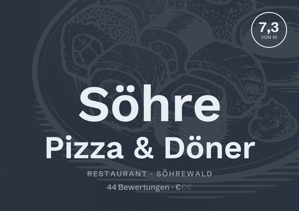 Illustriertes Poster von Söhre Pizza & Döner, Restaurant in Söhrewald: Bewertung 7,3 von 10 aus 44 Bewertungen, Preisniveau €