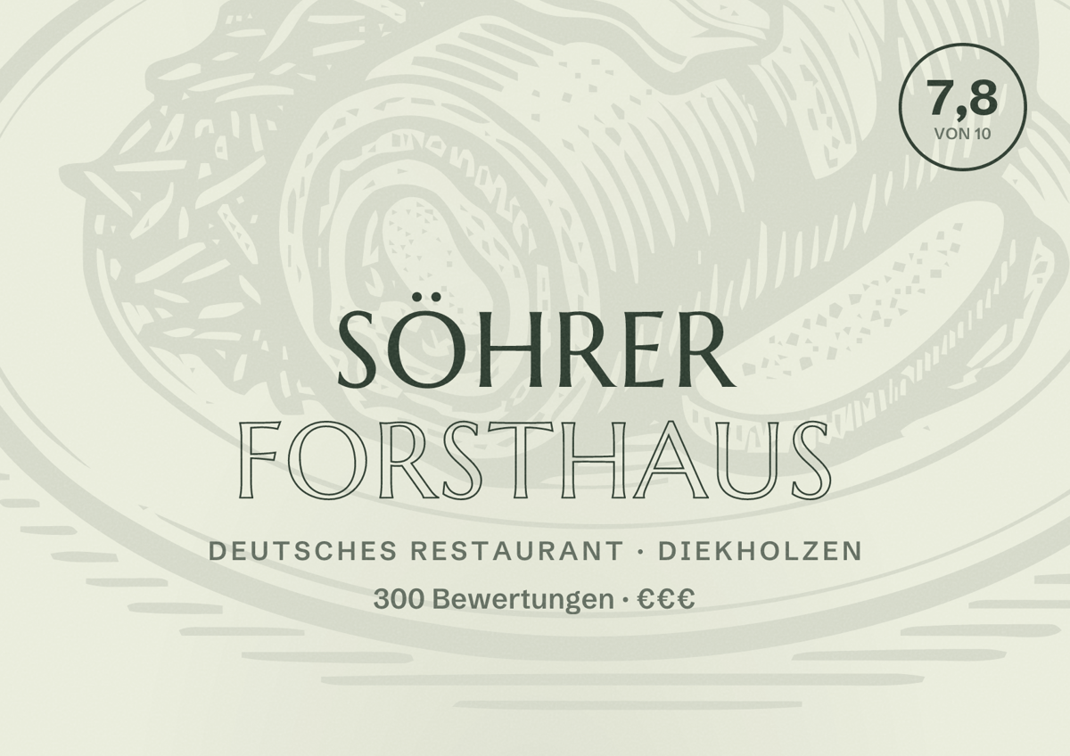 Illustriertes Poster von Söhrer Forsthaus, Deutsches Restaurant in Diekholzen: Bewertung 7,8 von 10 aus 300 Bewertungen, Preisniveau €€€