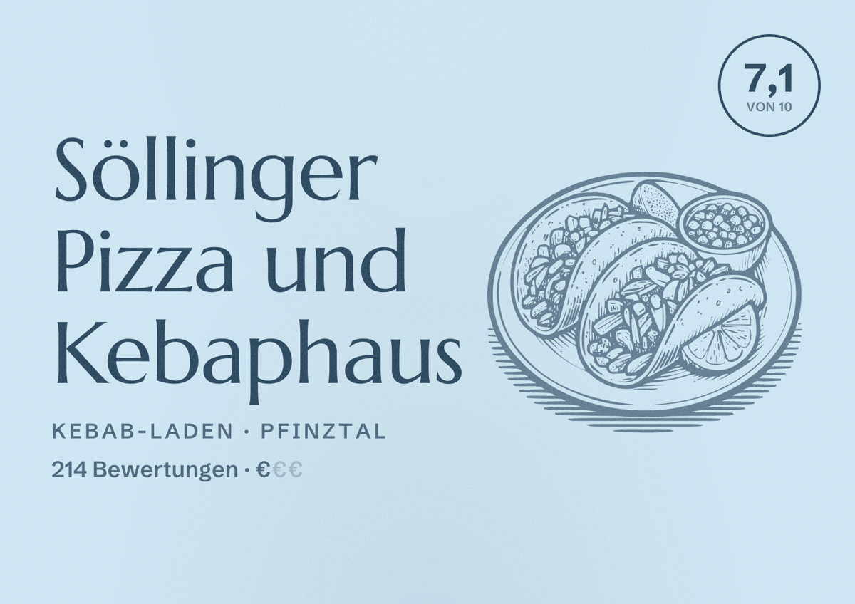 Illustriertes Poster von Söllinger Pizza und Kebaphaus, Kebab-Laden in Pfinztal: Bewertung 7,1 von 10 aus 214 Bewertungen, Preisniveau €