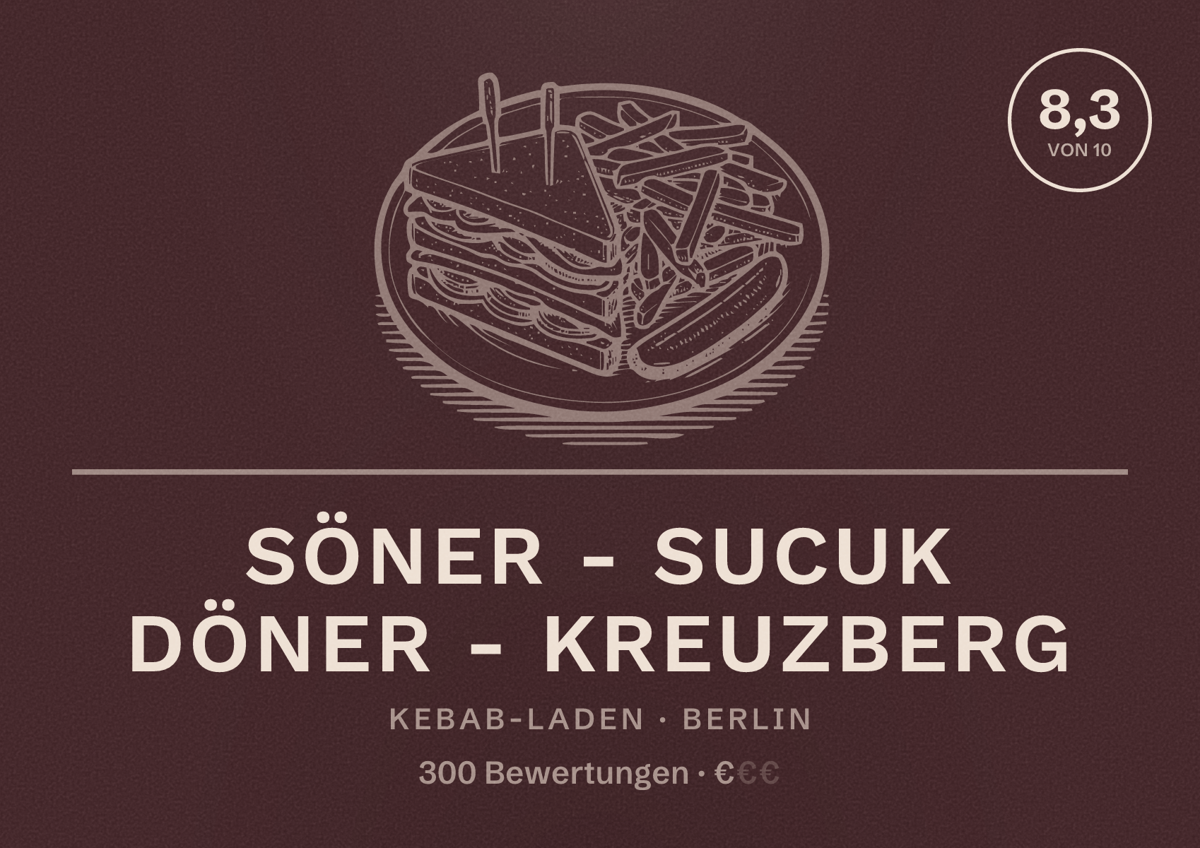 Illustriertes Poster von SÖNER - Sucuk Döner - Kreuzberg, Kebab-Laden in Berlin: Bewertung 8,3 von 10 aus 300 Bewertungen, Preisniveau €