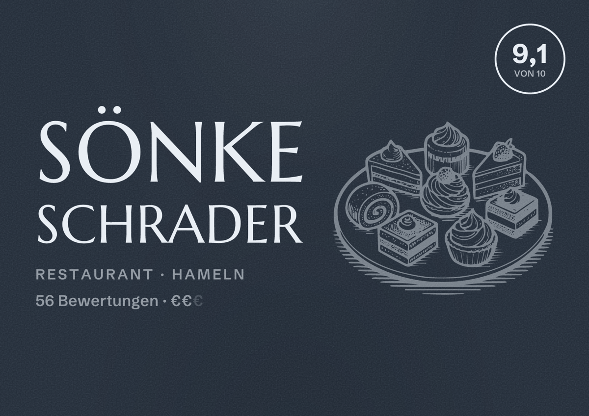 Illustriertes Poster von Sönke Schrader, Restaurant in Hameln: Bewertung 9,1 von 10 aus 56 Bewertungen, Preisniveau €€