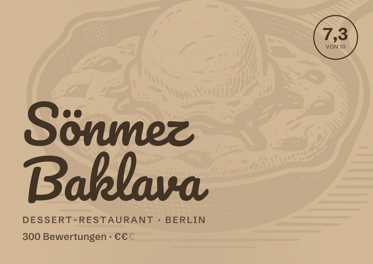 Illustriertes Poster von Sönmez Baklava, Dessert-Restaurant in Berlin: Bewertung 7,3 von 10 aus 300 Bewertungen, Preisniveau €€