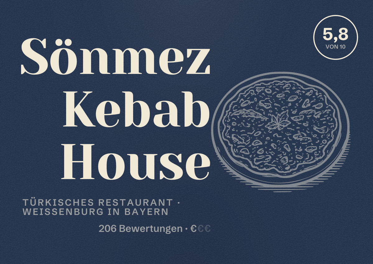 Illustriertes Poster von Sönmez Kebab House, Türkisches Restaurant in Weißenburg in Bayern: Bewertung 5,8 von 10 aus 206 Bewertungen, Preisniveau €