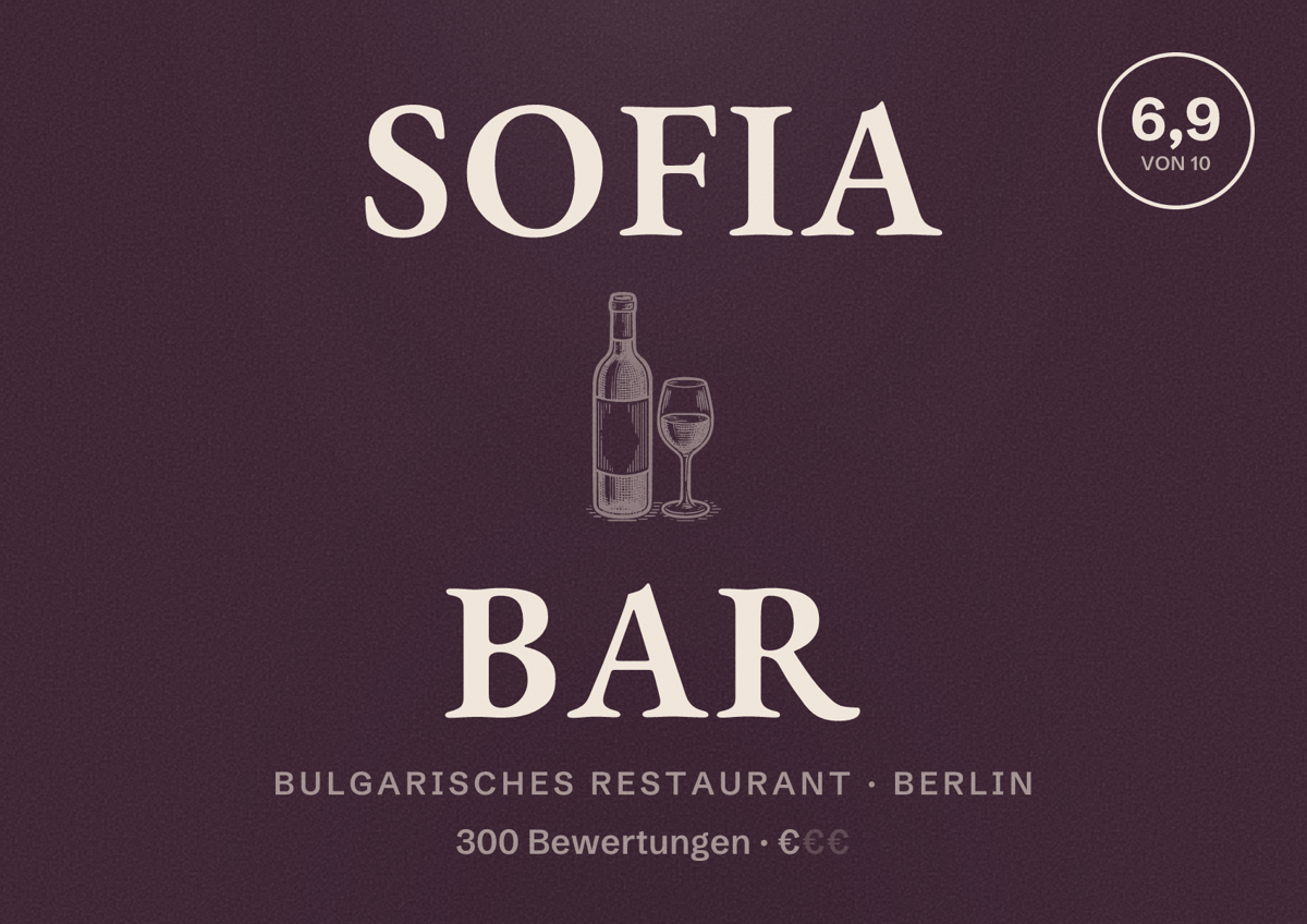 Illustriertes Poster von Sofia Bar, Bulgarisches Restaurant in Berlin: Bewertung 6,9 von 10 aus 300 Bewertungen, Preisniveau €