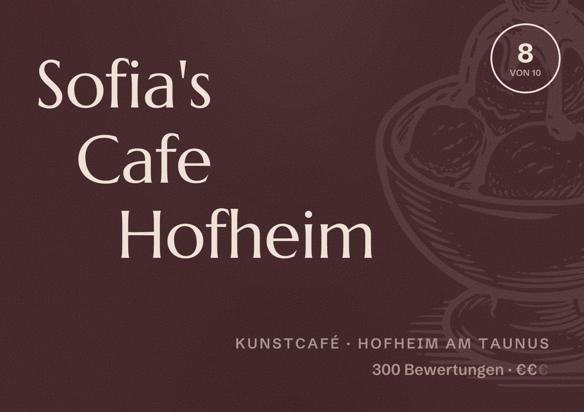 Illustriertes Poster von Sofia's Cafe Hofheim, Kunstcafé in Hofheim am Taunus: Bewertung 8 von 10 aus 300 Bewertungen, Preisniveau €€