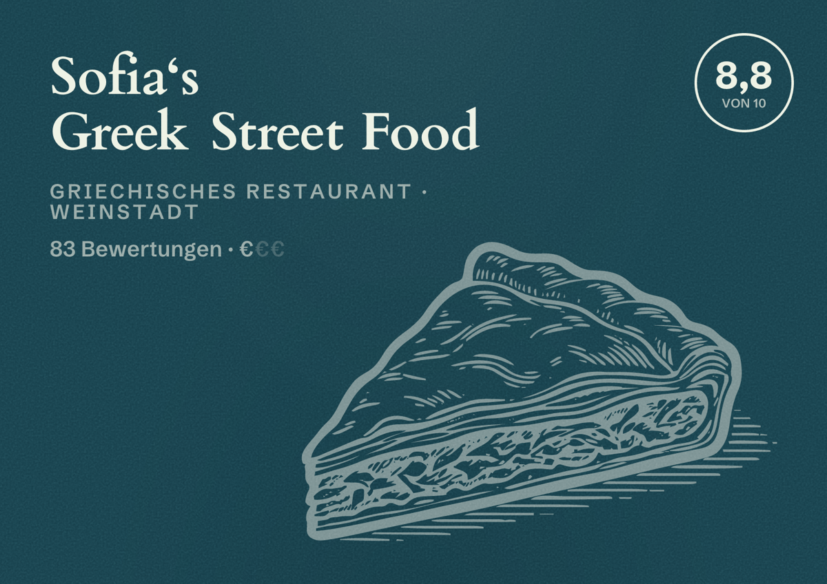 Illustriertes Poster von Sofia‘s Greek Street Food, Griechisches Restaurant in Weinstadt: Bewertung 8,8 von 10 aus 83 Bewertungen, Preisniveau €